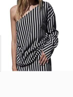 Black White Striped One Shoulder High-Low Statement Top S